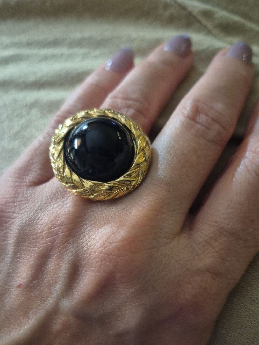 Upcycled Vintage Ring Gold-Tone Ring with Black Cabochon